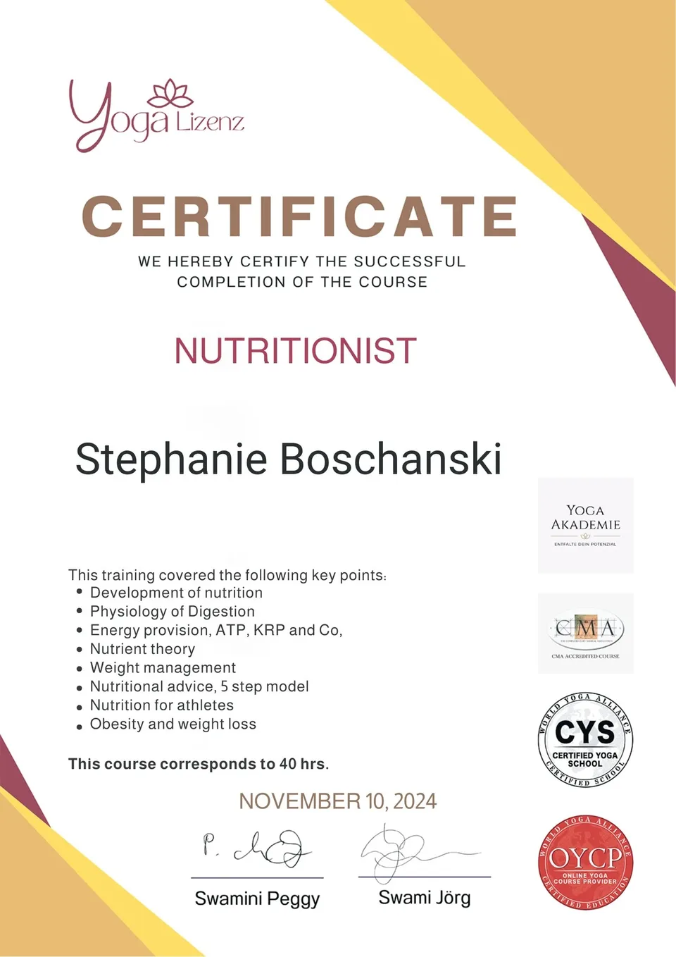 Certificate Nutritionist – Stephanie Boschanski
