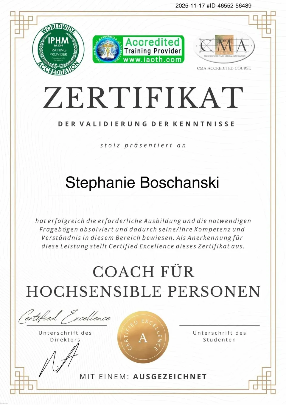 Zertifikat Coach für hochsensible Personen – Stephanie Boschanski
