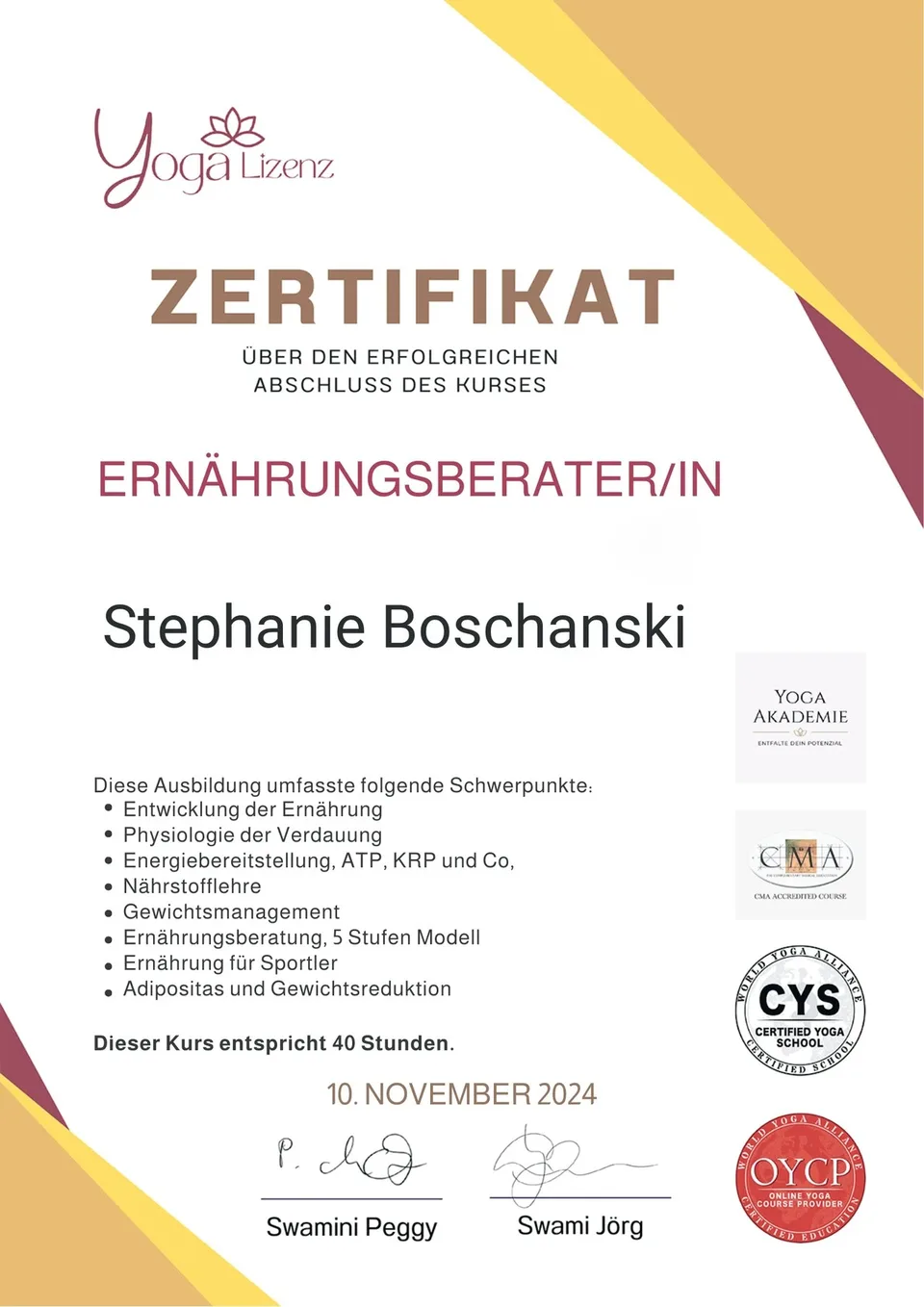 Zertifikat Ernährungsberaterin – Stephanie Boschanski
