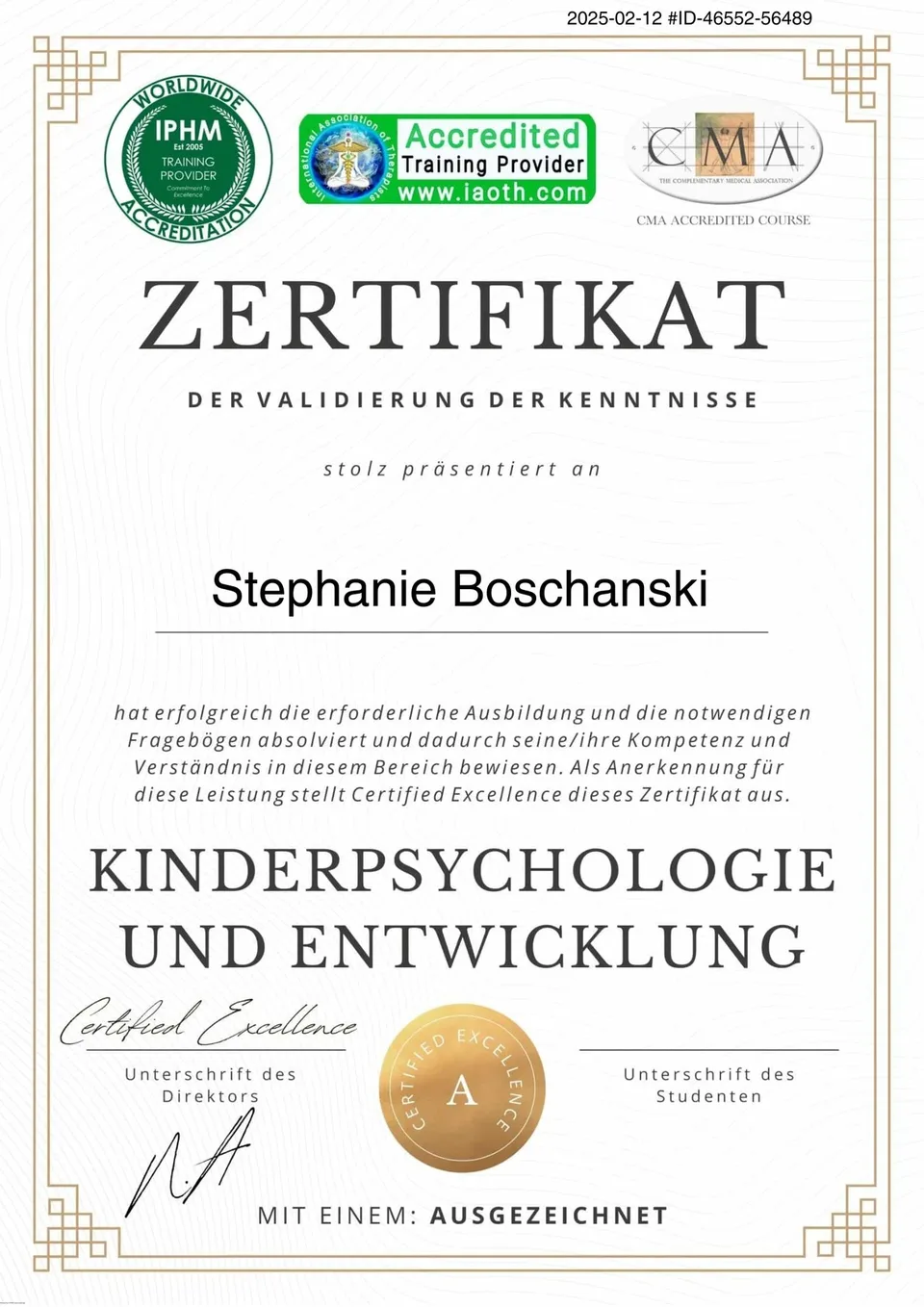 Zertifikat Kinderpsychologie und Entwicklung – Stephanie Boschanski